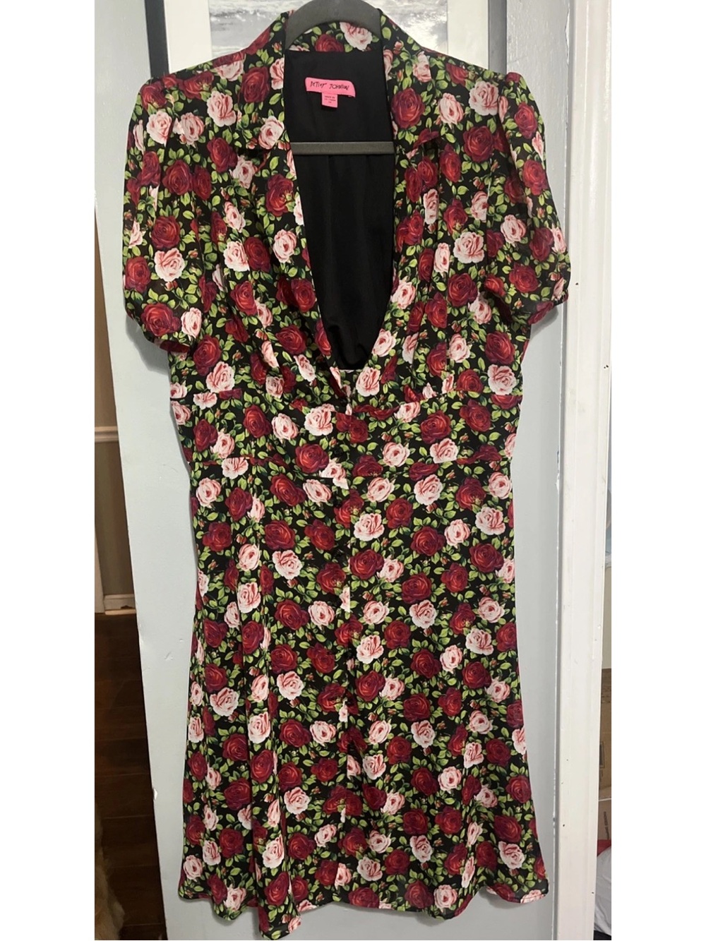 Betsey Johnson Black Dress with Red & Pink Rose Print